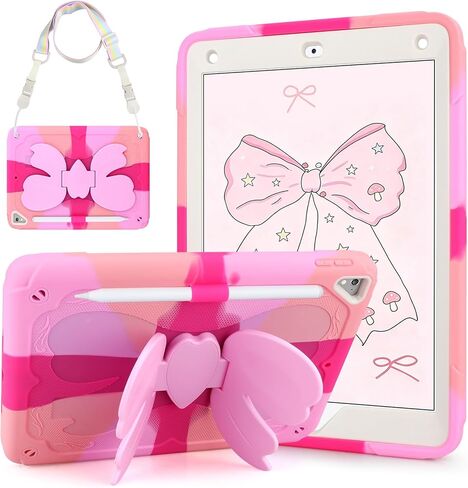 حافظة لجهاز iPad الجيل السادس/الخامس للأطفال والبنات لجهاز iPad 9.7 حافظة 2018 2017 مع حامل على شكل فيونكة وحزام كتف وحامل قلم رصاص 2 في 1 غطاء حماية صلب لجهاز iPad Pro لجهاز iPad Air 2th-وردي ملون in Kuwait