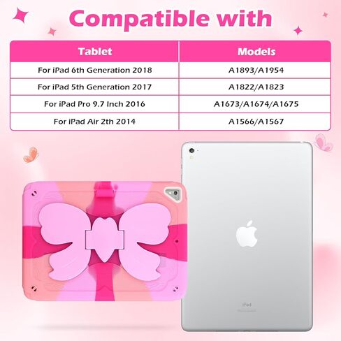 حافظة لجهاز iPad الجيل السادس/الخامس للأطفال والبنات لجهاز iPad 9.7 حافظة 2018 2017 مع حامل على شكل فيونكة وحزام كتف وحامل قلم رصاص 2 في 1 غطاء حماية صلب لجهاز iPad Pro لجهاز iPad Air 2th-وردي ملون in Kuwait