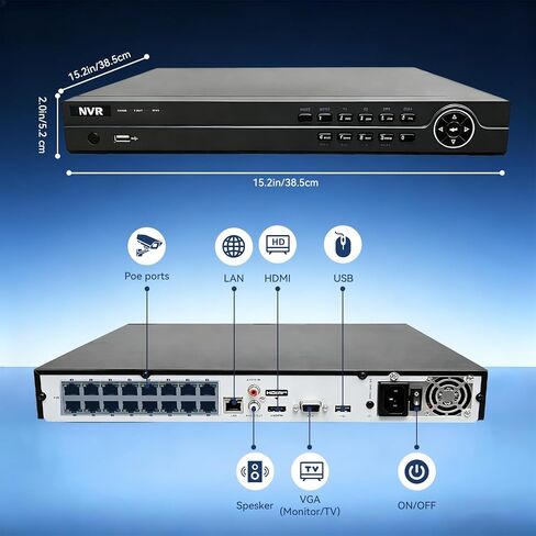 مسجل PoE NVR ذو 16 قناة مع 16 منفذ PoE مدمج، مخرج HDMI 4K، يدعم كاميرات IP بدقة 8 ميجابكسل، متوافق مع ONVIF، نظام أمان سلكي (رؤية الحراسة) in Kuwait