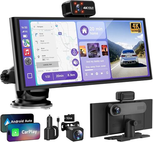 CarPlay Screen for Car Tablet Android Auto Smart Screen for Car, 4K Dash Cam Portable Car Play with 3 Channel Camera,10.26" Wireless Display with FM Radio Stereo Bluetooth 5.2, 32GB TF Card Black in Kuwait