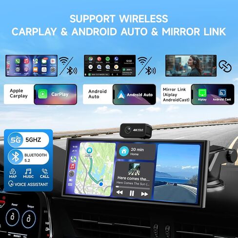 CarPlay Screen for Car Tablet Android Auto Smart Screen for Car, 4K Dash Cam Portable Car Play with 3 Channel Camera,10.26" Wireless Display with FM Radio Stereo Bluetooth 5.2, 32GB TF Card Black in Kuwait