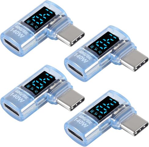 4pcs 90 Degree Right Angle USB C Adapter with Digital Display, 140W USB4.0 Type-C Male to Female Connector, 40Gbps, 8K@60Hz, Support Voltage, Current and Power Smart LED Display Blue in Kuwait