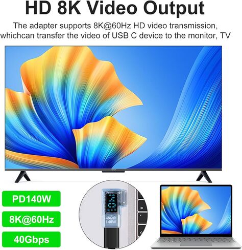 4pcs 90 Degree Right Angle USB C Adapter with Digital Display, 140W USB4.0 Type-C Male to Female Connector, 40Gbps, 8K@60Hz, Support Voltage, Current and Power Smart LED Display Blue in Kuwait