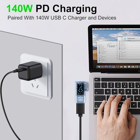 4pcs 90 Degree Right Angle USB C Adapter with Digital Display, 140W USB4.0 Type-C Male to Female Connector, 40Gbps, 8K@60Hz, Support Voltage, Current and Power Smart LED Display Blue in Kuwait
