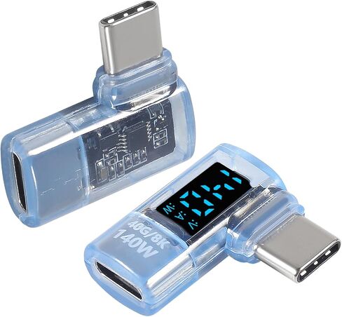4pcs 90 Degree Right Angle USB C Adapter with Digital Display, 140W USB4.0 Type-C Male to Female Connector, 40Gbps, 8K@60Hz, Support Voltage, Current and Power Smart LED Display Blue in Kuwait