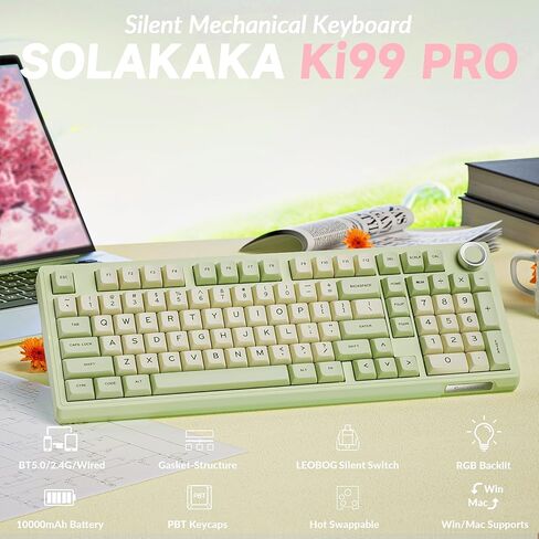 SOLAKAKA KI99 وSM822، مجموعة لوحة مفاتيح وماوس لاسلكية للألعاب (KI99 GreenWhite & SM822 White) in Kuwait