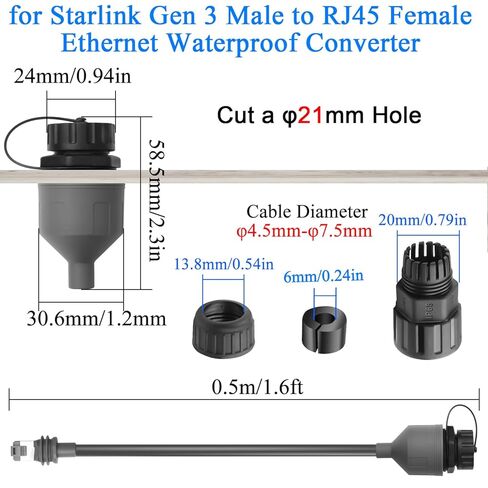 QIANRENON V3 Ethernet Adapter Waterproof Mount Cable for Starlink Gen 3 / Mini Outdoor Waterproof Connector Standard V3 Male to RJ45 Female Converter Plate Front Fixed, Cat6a 1000Mbps, 0.5m/1.6ft in Kuwait