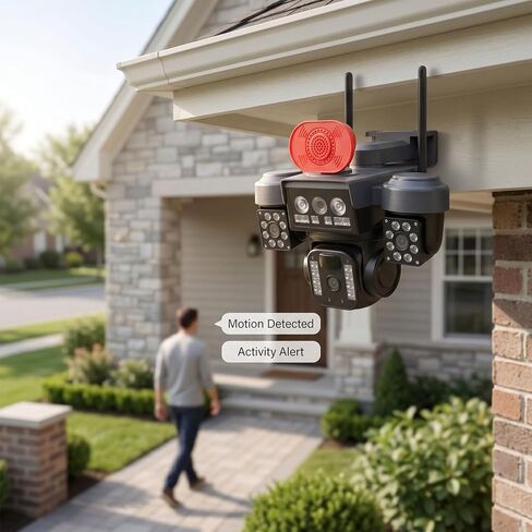 Cuifati 3 Lens Security Camera, 360 Degree Wireless WiFi Solar Powered Outdoor Camera with 1080P HD View PIR Motion Detection, for Yard Entrance Store in Kuwait