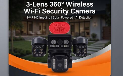 Cuifati 3 Lens Security Camera, 360 Degree Wireless WiFi Solar Powered Outdoor Camera with 1080P HD View PIR Motion Detection, for Yard Entrance Store in Kuwait