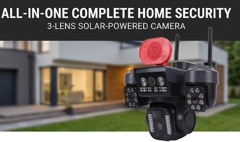 Cuifati 3 Lens Security Camera, 360 Degree Wireless WiFi Solar Powered Outdoor Camera with 1080P HD View PIR Motion Detection, for Yard Entrance Store in Kuwait