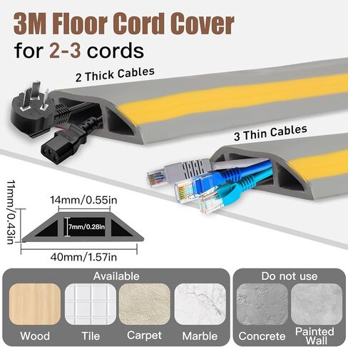 Floor Cable Cover, 10ft Self Adhesive Wire Covers Cables Floor Protect, Flexible PVC Cable Protector Indoor Outdoor Wire Hider Prevent Trip Hazards Cable Tidy for Home Office Garages in Kuwait