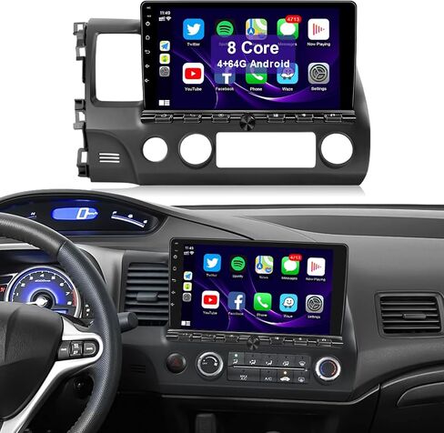 راديو سيارة 8 Core 4+64G لسيارة Honda Civic 2001-2005 ستيريو مع Carplay لاسلكي Android Auto 9 بوصة IPS شاشة تعمل باللمس واي فاي GPS للملاحة / بلوتوث / وصلة مرآة / FM / SWC / كاميرا احتياطية / شاشة مقسمة in Saudi Arabia