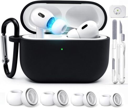 حافظة MOVDUUD AirPods Pro 2 مع 4 أزواج من أطراف الأذن ومجموعة التنظيف، غطاء حافظة AirPods Pro من السيليكون مع سلسلة مفاتيح، غطاء واقٍ متوافق مع الشحن اللاسلكي لأجهزة AirPods Pro الجيل الثاني/الأول in Kuwait