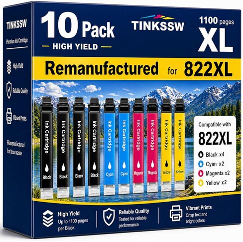 معاد تصنيعها لاستبدال خراطيش الحبر Epson 822XL لـ 822 XL لطابعة Workforce Pro WF-3820 WF-3823 WF-4820 WF-4830 WF-4833 WF-4834، 10 عبوات in Kuwait