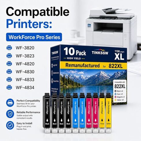 معاد تصنيعها لاستبدال خراطيش الحبر Epson 822XL لـ 822 XL لطابعة Workforce Pro WF-3820 WF-3823 WF-4820 WF-4830 WF-4833 WF-4834، 10 عبوات in Kuwait
