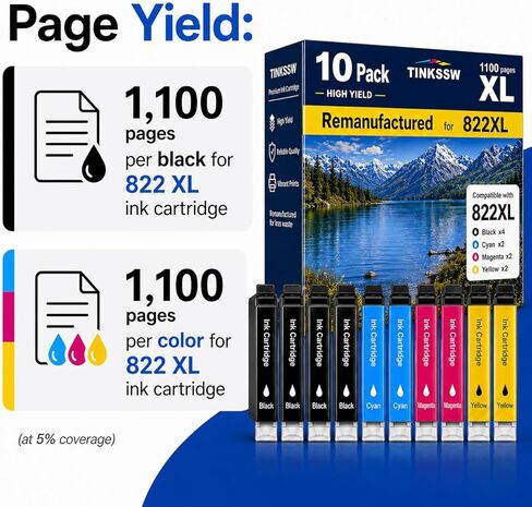 معاد تصنيعها لاستبدال خراطيش الحبر Epson 822XL لـ 822 XL لطابعة Workforce Pro WF-3820 WF-3823 WF-4820 WF-4830 WF-4833 WF-4834، 10 عبوات in Kuwait