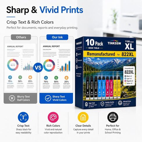 معاد تصنيعها لاستبدال خراطيش الحبر Epson 822XL لـ 822 XL لطابعة Workforce Pro WF-3820 WF-3823 WF-4820 WF-4830 WF-4833 WF-4834، 10 عبوات in Kuwait