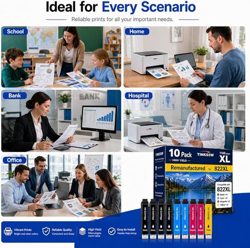 معاد تصنيعها لاستبدال خراطيش الحبر Epson 822XL لـ 822 XL لطابعة Workforce Pro WF-3820 WF-3823 WF-4820 WF-4830 WF-4833 WF-4834، 10 عبوات in Kuwait