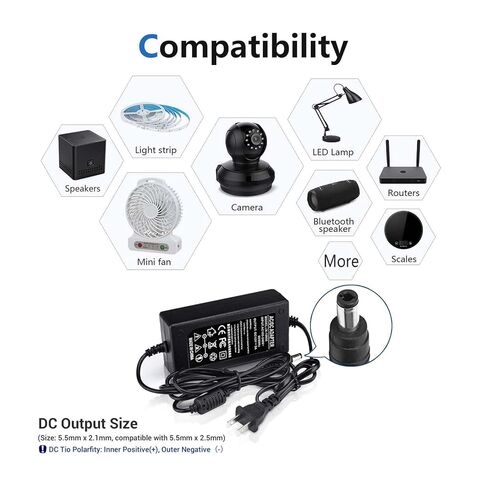 12V 5A Power Adapter 60W AC/DC Converter Suitable for LED Strips, Surveillance Cameras, CCTV Camera，Mini Fan and Computer Monitors. Features a 5.5x2.5mm Connector and a 2.1mm Plug. in Kuwait