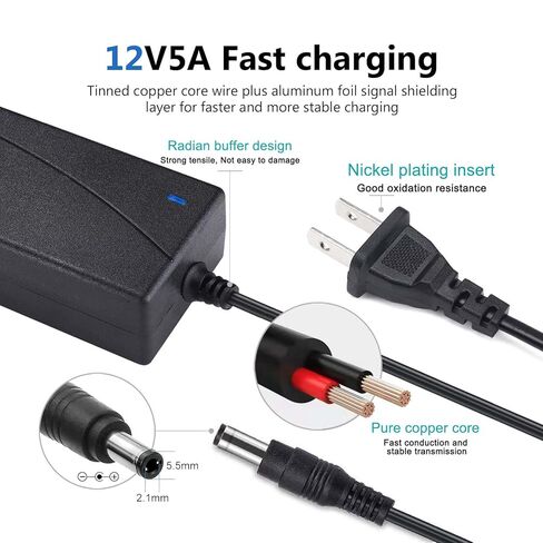 12V 5A Power Adapter 60W AC/DC Converter Suitable for LED Strips, Surveillance Cameras, CCTV Camera，Mini Fan and Computer Monitors. Features a 5.5x2.5mm Connector and a 2.1mm Plug. in Kuwait