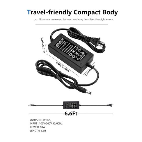 12V 5A Power Adapter 60W AC/DC Converter Suitable for LED Strips, Surveillance Cameras, CCTV Camera，Mini Fan and Computer Monitors. Features a 5.5x2.5mm Connector and a 2.1mm Plug. in Kuwait