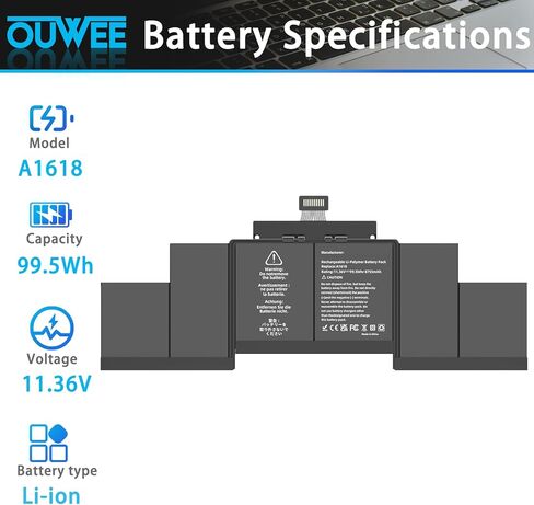 A1618 Laptop Battery A1398 A1494 Compatible with MacBook Pro 15 inch Mid 2015 Mid 2014 Late 2013 Version EMC 2910 2909 2881 2876 2745 2674 Capacity 11.36V 99.5Wh 8755mAh in Kuwait