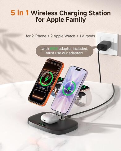 Magnetic 5-in-1 Wireless Charging Stand, Dual Phone & Dual Apple Watch Charger, 5W for Apple Watch Fast Charging Station, Compatible with iPhone 17-12, for Apple Watch Ultra/11-7, SwanScout 902M in Kuwait