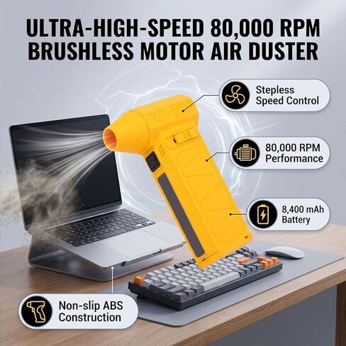 Electric Air Duster, Compressed Dust Blower 80000RPM High Speed with 8400mAh Battery for Pet Drying BBQ Car Cleaning Keyboard PC and Home Use in Kuwait
