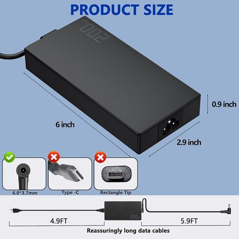 6.0x3.7MM 200W for Asus Laptop Charger 20V 10A, Compatible with Asus Rog Zephyrus G15 GA503, for Asus TUF Gaming A15 FA506IH FA5061U A14 FA401UV FA401WV Power Adapter Supply in Kuwait