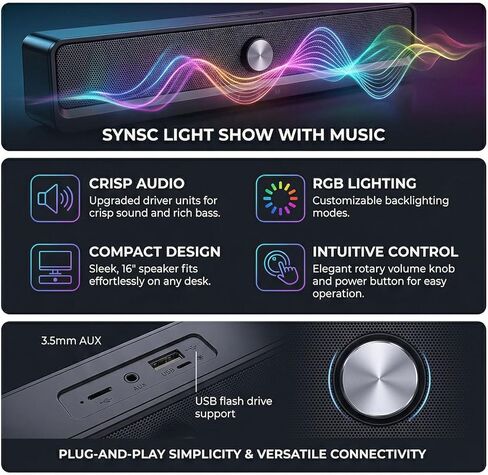 مكبر صوت كمبيوتر من EBTOOLS، مكبر صوت بلوتوث 6.0 يعمل بمنفذ USB مع ضوء RGB وصوت جهير شفاف، مدخل AUX 3.5 ملم للكمبيوتر المحمول والتليفزيون الذكي in Kuwait