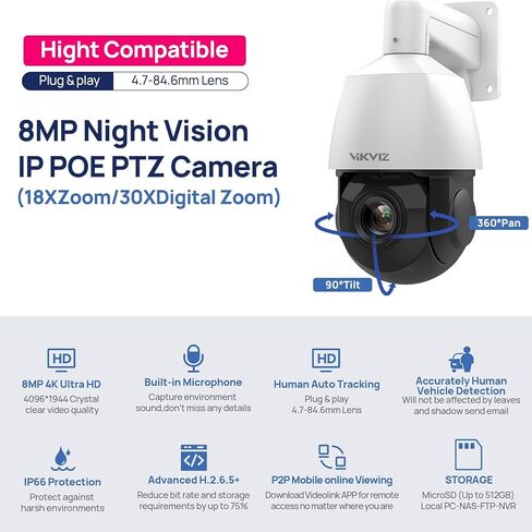 4K PTZ PoE IP Security Camera Outdoor 18X Optical Zoom with Ceiling Mount Bracket, Human Auto Tracking, Human/Vehicle Detection, Two-Way Talk, 328ft IR Night Vision, in Kuwait