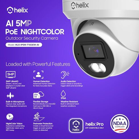 كاميرا Helix 2PK 5MP Security AI IP PoE، لون ليلي 98 قدمًا، اكتشاف الإنسان، متوافق مع NDAA، برج مراقبة داخلي خارجي، ميكروفون مدمج، يدعم 256 جيجابايت MicroSD، رادع، 2PK-HLX-IP5M-T103EW-AI in Kuwait