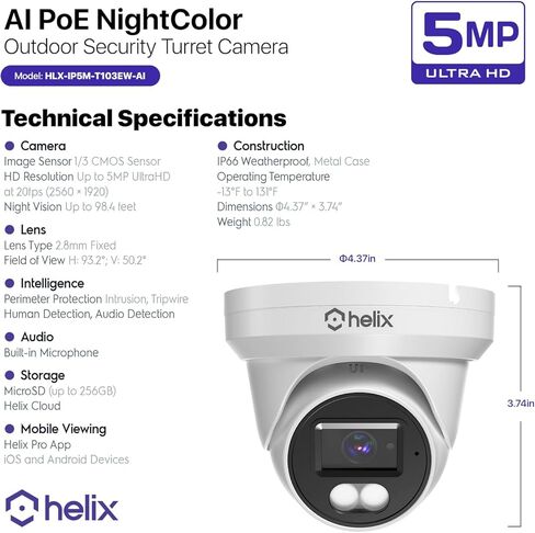 كاميرا Helix 2PK 5MP Security AI IP PoE، لون ليلي 98 قدمًا، اكتشاف الإنسان، متوافق مع NDAA، برج مراقبة داخلي خارجي، ميكروفون مدمج، يدعم 256 جيجابايت MicroSD، رادع، 2PK-HLX-IP5M-T103EW-AI in Kuwait