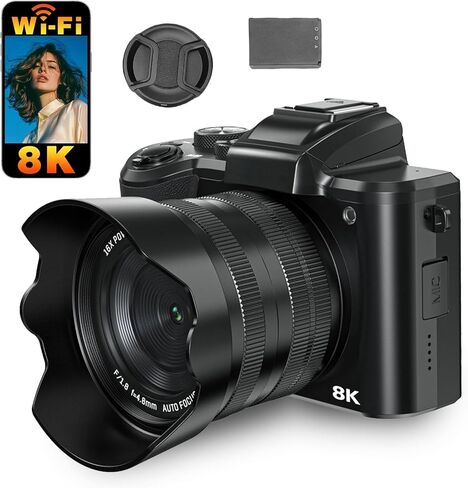 كاميرا رقمية Diyeeni 8K، عدسة مزدوجة بدقة 88 ميجابكسل عالية الدقة 16X تكبير كاميرا ويب واي فاي مع غطاء عدسة فلاش شاشة لمس 3.2 بوصة، للتصوير الفوتوغرافي وبث الفيديو السيلفي in Kuwait