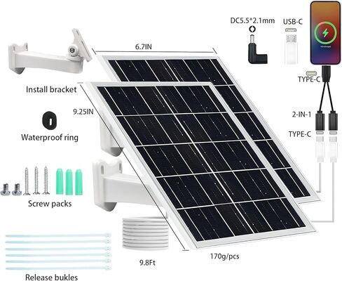 Solar Panel for Security Camera IP65 Waterproof USB 5V 6W Solar Panel Charger Type-C Port、Micro USB Port＆DC Port Solar Sanels for Cameras with 9.8ft Charging Cable Charging Power(1 Pack Black) in Saudi Arabia