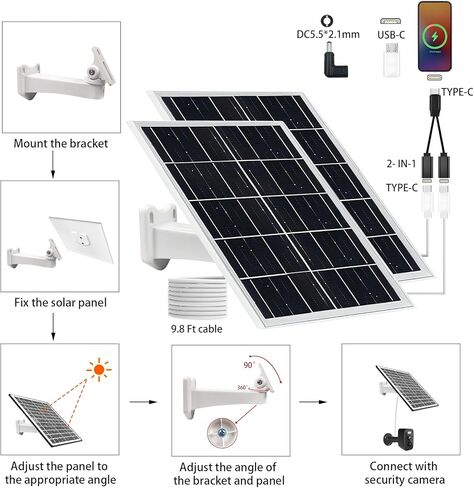 Solar Panel for Security Camera IP65 Waterproof USB 5V 6W Solar Panel Charger Type-C Port、Micro USB Port＆DC Port Solar Sanels for Cameras with 9.8ft Charging Cable Charging Power(1 Pack Black) in Saudi Arabia