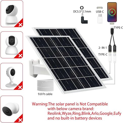 Solar Panel for Security Camera IP65 Waterproof USB 5V 6W Solar Panel Charger Type-C Port、Micro USB Port＆DC Port Solar Sanels for Cameras with 9.8ft Charging Cable Charging Power(1 Pack Black) in Saudi Arabia