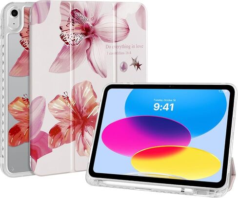 حافظة ثلاثية الطي لجهاز iPad (A16) الجيل الحادي عشر 11 بوصة 2025/iPad الجيل العاشر 10.9 بوصة 2022، طباعة زهرة الكركديه الجمالية مع حامل قلم رصاص وغطاء واقٍ مقاوم للصدمات، زهرة Ded in Kuwait