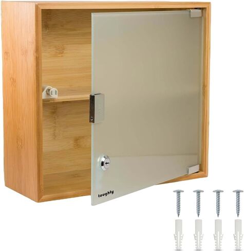 Bamboo Locking Medicine Cabinet, Wall Mount Medical Cabinet for Safe Medication Storage with Frosted Tempered Glass, Wall Mount Storage Container, 12x13x5 inches in Saudi Arabia
