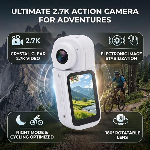 Yunseity 2.7K WiFi Action Camera, 1.47 Inch Cycling Camera with 180 Degree Rotatable Lens, Magnetic Chest Strap, Electronic Stabilization, Night Mode for Outdoor Adventure, Vlogging in Kuwait