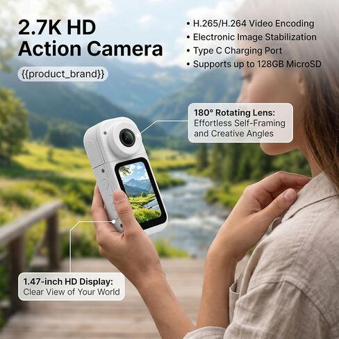 Yunseity 2.7K WiFi Action Camera, 1.47 Inch Cycling Camera with 180 Degree Rotatable Lens, Magnetic Chest Strap, Electronic Stabilization, Night Mode for Outdoor Adventure, Vlogging in Kuwait