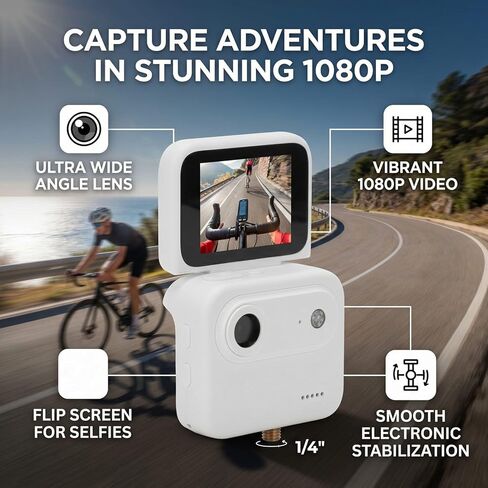 Yunseity Action Camera, 48MP 1080P Digital Camera with 143 Degree Wide Angle Lens Electronic Image Stabilization 2.0 Inch Flip Screen, for Vlogging Outdoor Travel Cycling Recording in Kuwait