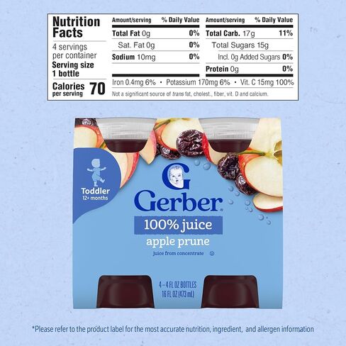 Gerber Apple Prune Juice, Non-GMO Juice from Concentrate, Made for Toddlers, 4-4 FL OZ Bottles Per Pack (Pack of 6) in Saudi Arabia