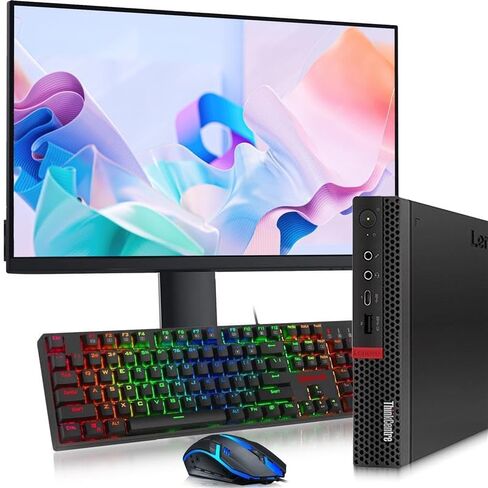 Lenovo ThinkCentre Tiny Desktop Computer — Intel Core i5-8500T — 16GB DDR4 RAM — 256GB SSD — 24" LED Monitor — RGB Keyboard & Mouse — Built-in WiFi — Mini PC — Windows 11 Pro (Renewed) in Kuwait