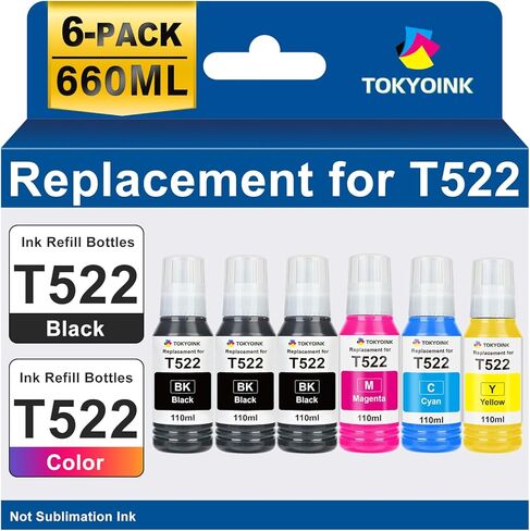 استبدال TOKYOINK لزجاجات إعادة تعبئة الحبر عالية السعة Epson 522 تعمل من أجل EcoTank ET-2800 ET-2803 ET-2400 ET-4800 ET-2720 ET-2840 ET-3850 ET-2850 ET-2850 ET-4700 ET-4800 ET-15000 6 حزم in Kuwait