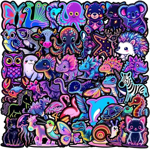 50 Pcs Water Bottle Stickers Cool Neon Animal Sticker, Waterproof Vinyl Stickers for Adults Teens Water Bottles Bicycle Skateboard Scrapbook Decals Luggage Laptop etc in Kuwait