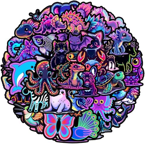 50 Pcs Water Bottle Stickers Cool Neon Animal Sticker, Waterproof Vinyl Stickers for Adults Teens Water Bottles Bicycle Skateboard Scrapbook Decals Luggage Laptop etc in Kuwait