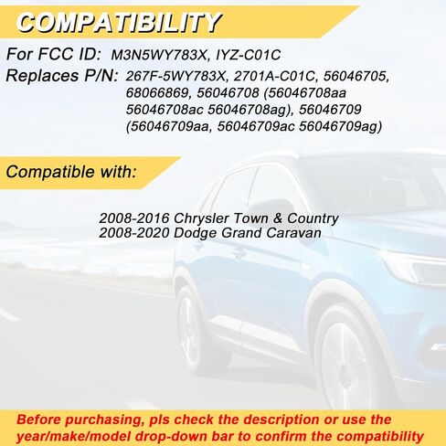 Vurkcy Key Fob Kit Replacement for 2008-2020 Dodge Grand Caravan/ 2008-2016 Chrysler Town Country Car Keyless Entry Remote Control, M3N5WY783X IYZ-C01C, 6 Btn in Kuwait