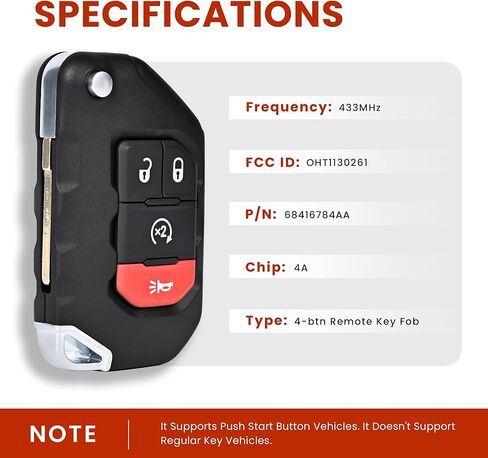 Key Fob Replacement Keyless Entry Remote Control 4-Button Compatible with 2018-2024 Jeep Wrangler 2020-2024 Gladiator Replace FCC ID OHT1130261 433MHZ in Kuwait
