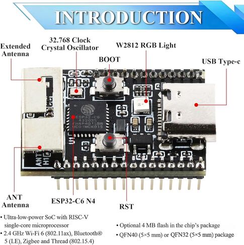 3PCS ESP32-C6 Mini Development Board, 4MB Flash, Single-Core RISC-V, Type-C Port & 28Pins, ESP32 C6 Devkit for Arduino in Kuwait